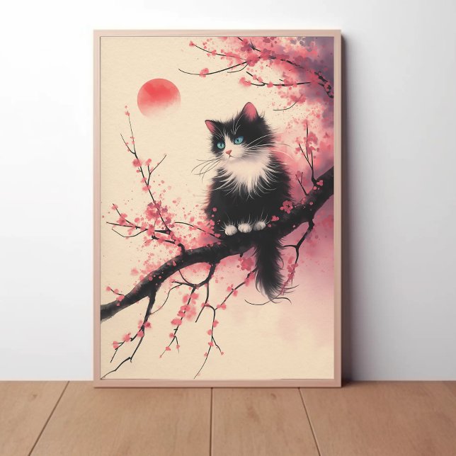 Affiche Tuxedo Chat sur la fleur de cerise esthétique japo (Créateur téléchargé)