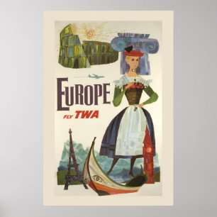 Affiche TWA Voyage en Europe Années 60 Voyage avec une com