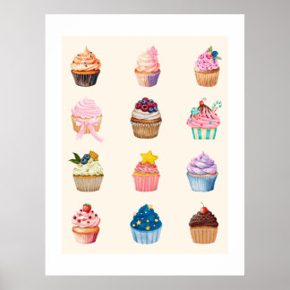 Affiche Twelve Watercolor Cupcakes