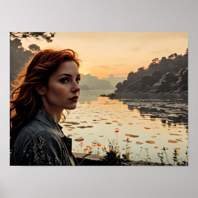 Affiche Twilight Reflections - Femme au bord du lac romant (Devant)