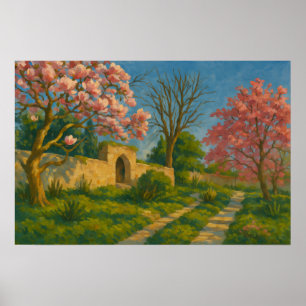 Affiche Twin Blossoms - Peinture sur le chemin de jardin p