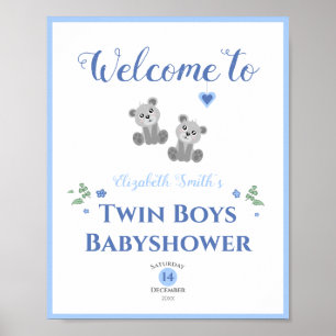 Affiche Twin boys baby bears baby shower welcome sign