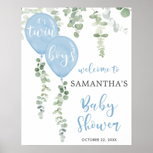 Affiche Twin boys baby shower ballon bleu signe de bienven (Devant)