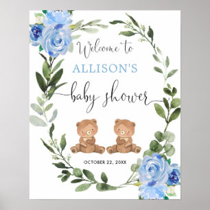 Affiche Twin boys teddy bear baby shower signe de bienvenu