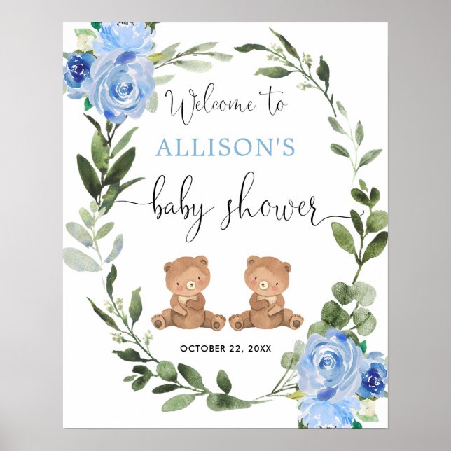 Affiche Twin boys teddy bear baby shower signe de bienvenu (Devant)