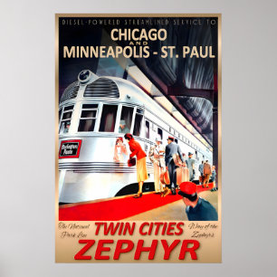Affiche Twin Cities Zephyr Burlington Route Nouvelle Rétro
