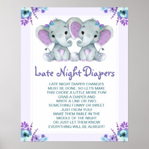 Affiche Twin Elephants Late Night Diapers Baby shower Jeu