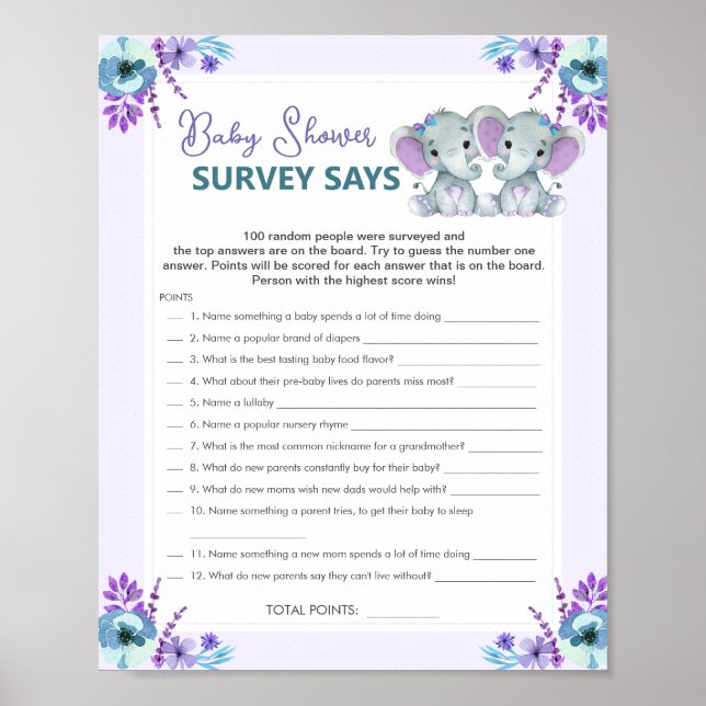 Affiche Twin Girl Survey dit Baby shower Jeu violet Turquo (Devant)