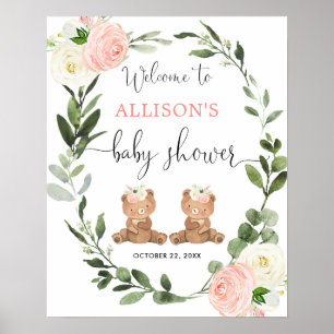 Affiche Twin girls teddy bear baby shower signe de bienven