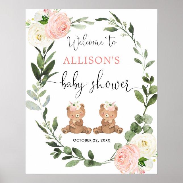 Affiche Twin girls teddy bear baby shower signe de bienven (Devant)