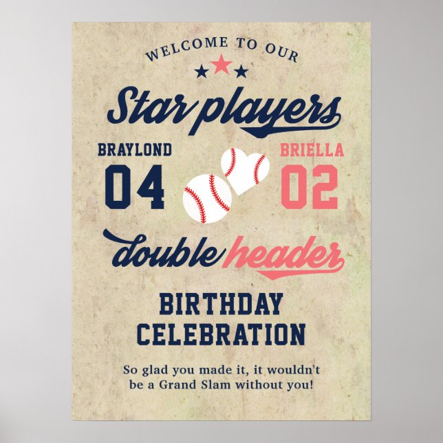 Affiche Twin or Sibling Baseball en-tête double Anniversai (Devant)