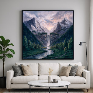 Affiche Twin Peak Falls - Serene Painterly Style paysage