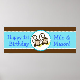 Affiche TWIN Silly Monkeys Bannière d'anniversaire personn