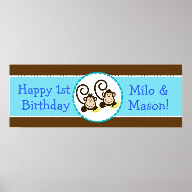 Affiche TWIN Silly Monkeys Bannière d'anniversaire personn (Devant)