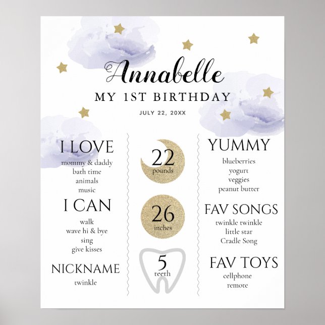 Affiche Twinkle Little Star 1er anniversaire Jalon violet (Devant)