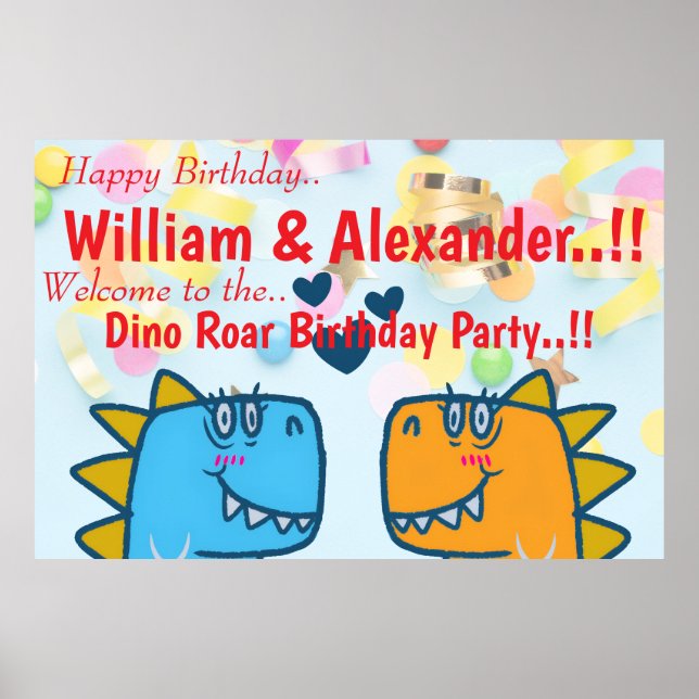 Affiche Twins Dino Roar fête d'anniversaire (Devant)