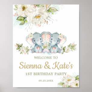 Affiche Twins Elephant Twin Girls 1er anniversaire Bienven