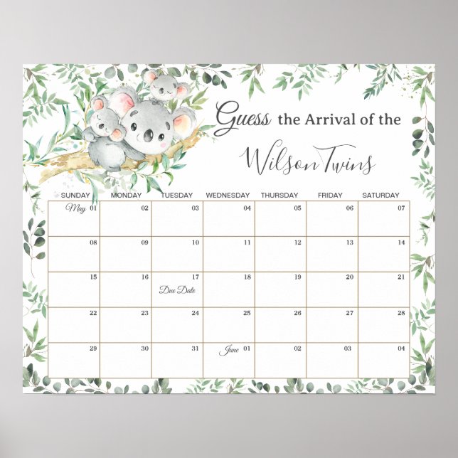 Affiche Twins Koalas Greenery Guess Baby's due Date de jeu (Devant)