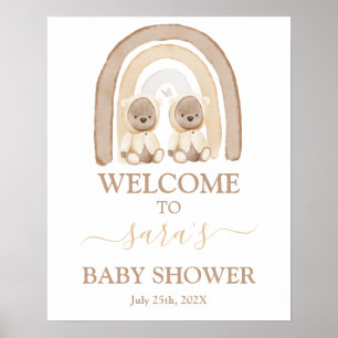 Affiche Twins Teddy Bear Baby shower arc-en-ciel Panneau d