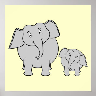 Affiche Two Elephants. Cute Adult and Baby Cartoon.
