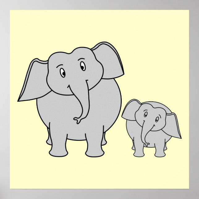 Affiche Two Elephants. Cute Adult and Baby Cartoon. (Devant)