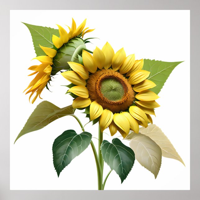 Affiche Two Vibrant Sunflowers with Lush Green Leaves (Devant)
