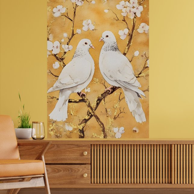 Affiche  two white doves perched on a branch (Salon 2)