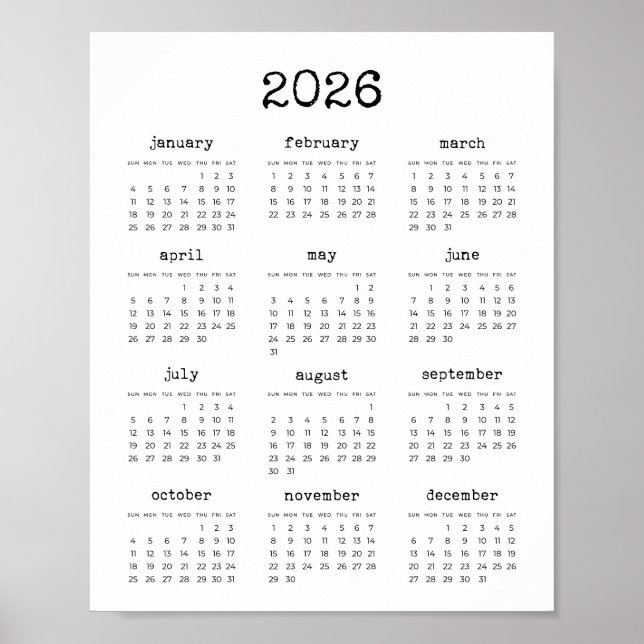 Affiche Typewriter police minimaliste 2022 calendrier (Devant)