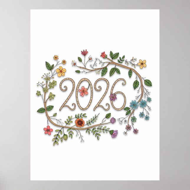 Affiche Typographie botanique 2026 avec vignes fleuries  (Devant)