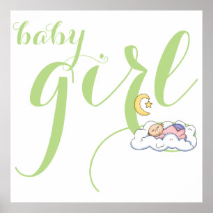 Affiche Typographie de petite fille endormie mignonne vert