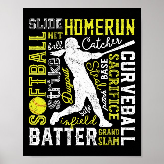 Affiche Typographie de softball Mot Art Drôle Picher Batte (Devant)