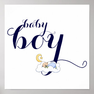 Affiche Typographie du bébé endormi bleu, crèche blanche