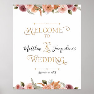 Affiche Typographie or Dusty Blush Floral Mariage de bienv
