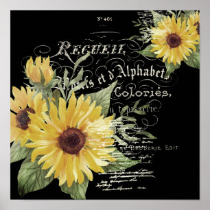 Affiche Typographie vintage et tournesols en noir