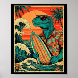 Affiche Tyrannosaure Rétro Surf Hawaïen Été Dinosaure