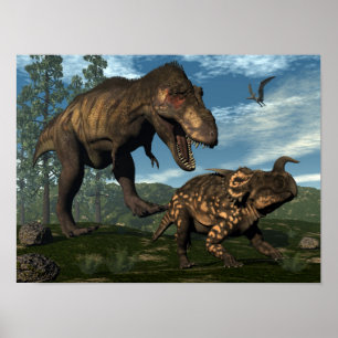Affiche Tyrannosaurus rex attaque einiosaurus dinosaure