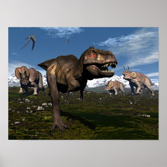 Affiche Tyrannosaurus rex attaqué par triceratops dinosaur (Devant)