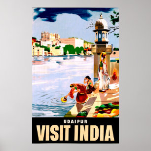 Affiche Udaipur, Inde. Femmes au bord du lac. Voyage vinta