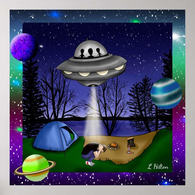Affiche UFO Alien d'enlèvement extra-terrestre avec planèt (Devant)
