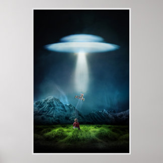 Affiche ufo et enfant sur le terrain à l'affiche de nuit
