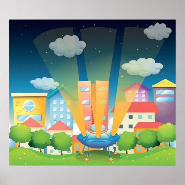 Affiche UFO Landing in a Bright City Night Scene (Devant)