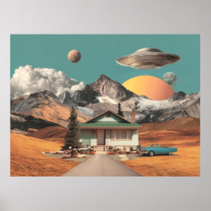 Affiche UFO Surréaliste Au-Dessus D'une Maison Rustique