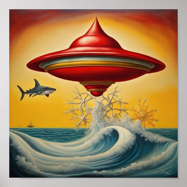Affiche Ufo survolant les vagues d'art mural (Devant)
