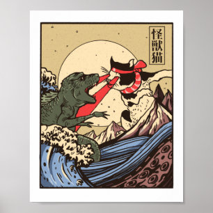 Affiche Ukiyo-e Catzilla Samurai contre Giant Kaiju