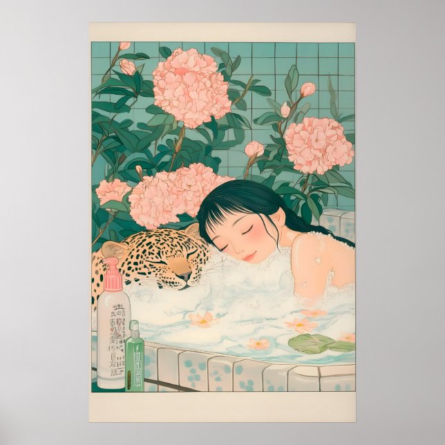 Affiche Ukiyo-e Leopard Bath Art Print Japandi Bathroom (Devant)