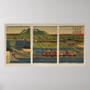 Affiche Ukiyo-e Triptych : Train à vapeur sur la côte Taka