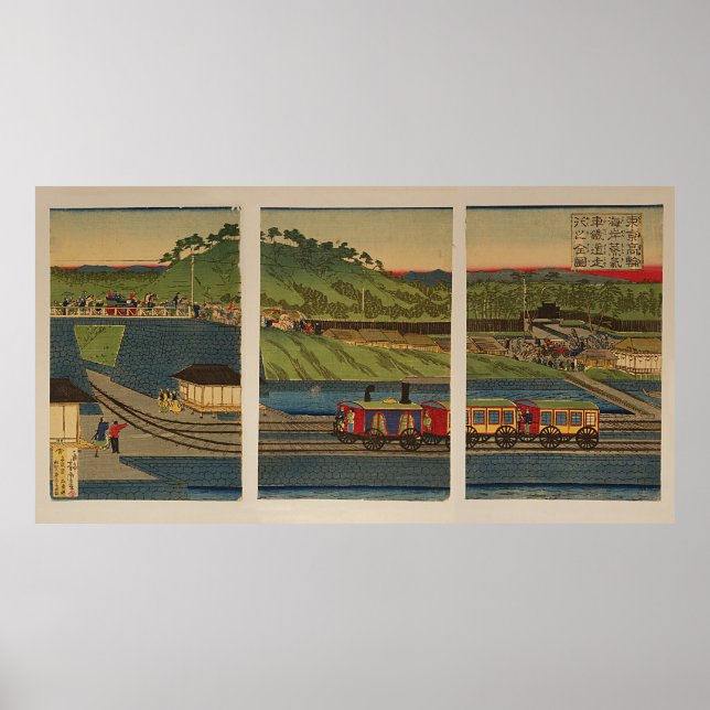 Affiche Ukiyo-e Triptych : Train à vapeur sur la côte Taka (Devant)