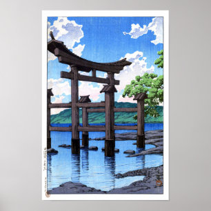 Affiche ukiyoe hasui n20 sanctuaire Gozanoishi au lac Taza