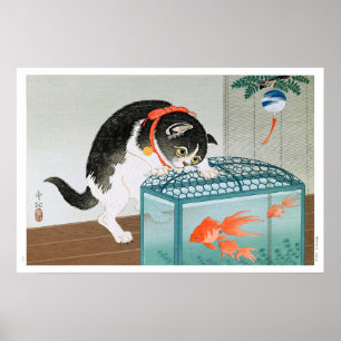 Affiche Ukiyoe [Koson] Chat et Poisson Rouge (XS)