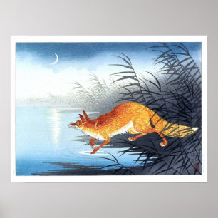 Affiche Ukiyoe [Koson] Renard au bord de l'eau éclairé par